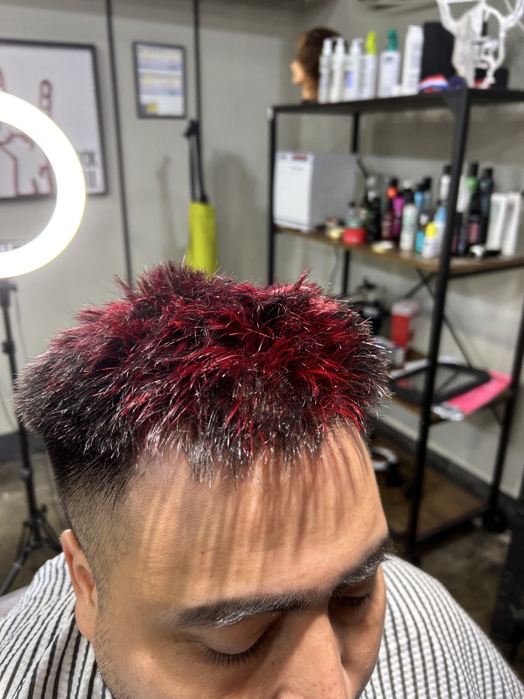 Blood red custom color hair highlights done at Walla Walla barbershop